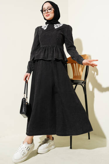 Yaka Dantelli Etekli İkili Takım Siyah - İkili Takım