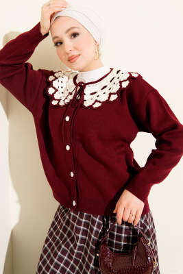 Yaka Dantelli Kısa Triko Hırka Bordo - VAV TEKSTİL