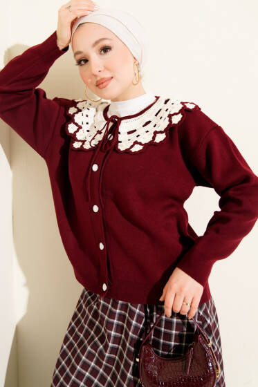 Yaka Dantelli Kısa Triko Hırka Bordo - Hırka