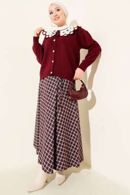 Yaka Dantelli Kısa Triko Hırka Bordo - Hırka