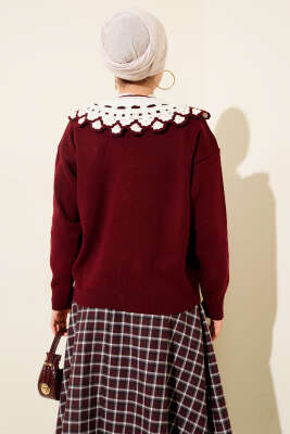 Yaka Dantelli Kısa Triko Hırka Bordo - Hırka