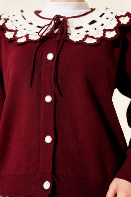 Yaka Dantelli Kısa Triko Hırka Bordo - Hırka