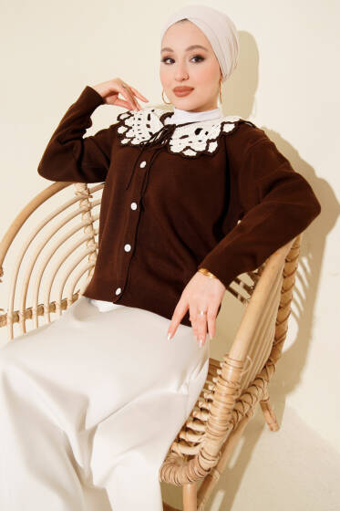 Yaka Dantelli Kısa Triko Hırka Kahve - Hırka