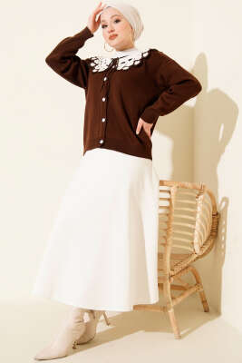 Yaka Dantelli Kısa Triko Hırka Kahve - Hırka