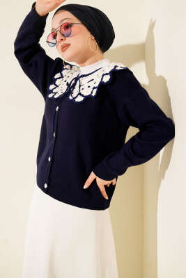 Yaka Dantelli Kısa Triko Hırka Lacivert - VAV TEKSTİL