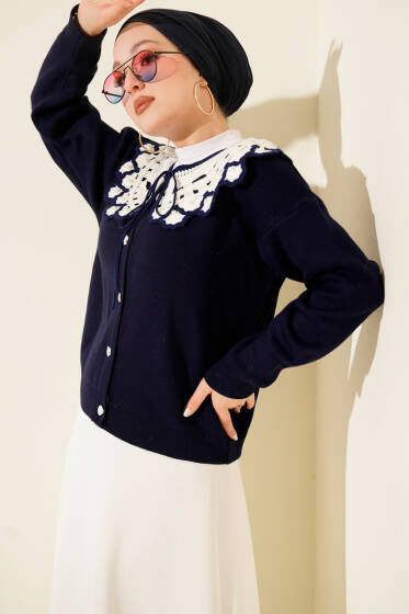 Yaka Dantelli Kısa Triko Hırka Lacivert - Hırka