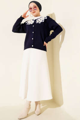 Yaka Dantelli Kısa Triko Hırka Lacivert - Hırka