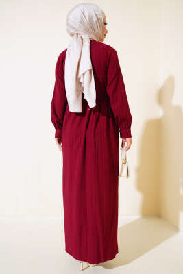 Yaka Dantelli Yarım Düğmeli Elbise Bordo - Tesettür Elbise