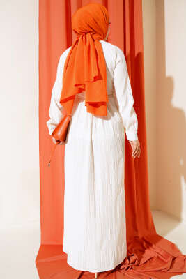 Yaka Dantelli Yarım Düğmeli Elbise Ekru - Tesettür Elbise