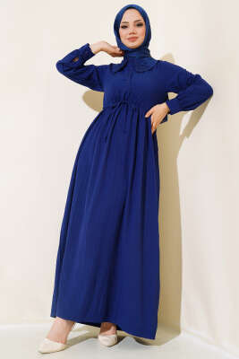 Yaka Dantelli Yarım Düğmeli Elbise Lacivert - Tesettür Elbise