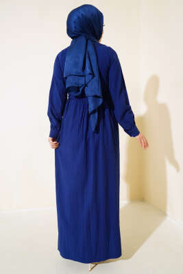 Yaka Dantelli Yarım Düğmeli Elbise Lacivert - Tesettür Elbise