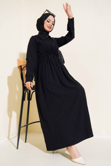 Yaka Dantelli Yarım Düğmeli Elbise Siyah - Elbise