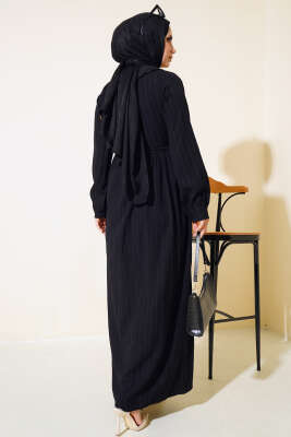 Yaka Dantelli Yarım Düğmeli Elbise Siyah - Tesettür Elbise