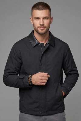 Yaka Deri Detaylı Erkek Ceket Siyah - GAVAZZİ