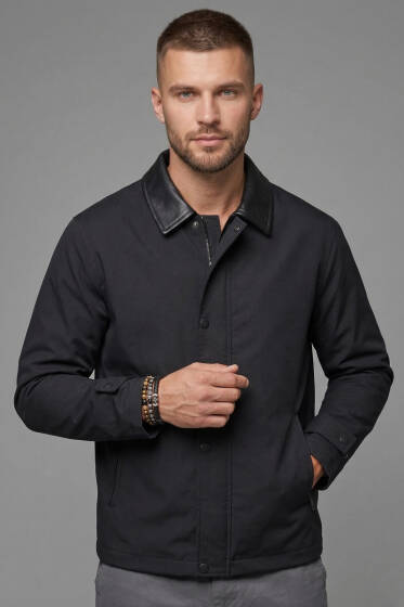 Yaka Deri Detaylı Erkek Ceket Siyah - Erkek Ceket