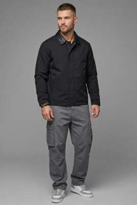 Yaka Deri Detaylı Erkek Ceket Siyah - Erkek Ceket