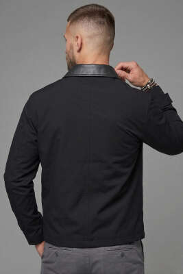 Yaka Deri Detaylı Erkek Ceket Siyah - Erkek Ceket