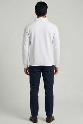 Yaka Detaylı Fermuarlı Erkek Sweatshirt Beyaz - Erkek Sweatshirt