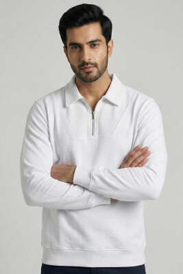 Yaka Detaylı Fermuarlı Erkek Sweatshirt Beyaz 
