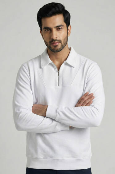 Yaka Detaylı Fermuarlı Erkek Sweatshirt Beyaz - Erkek Sweatshirt