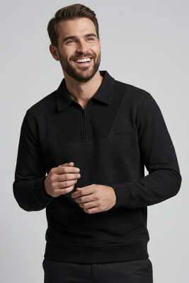 Yaka Detaylı Fermuarlı Erkek Sweatshirt Siyah - Erkek Sweatshirt