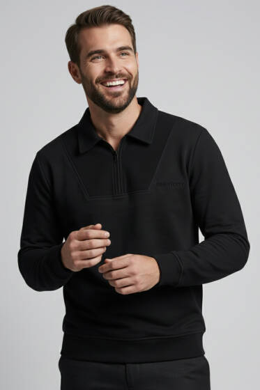 Yaka Detaylı Fermuarlı Erkek Sweatshirt Siyah - Erkek Sweatshirt