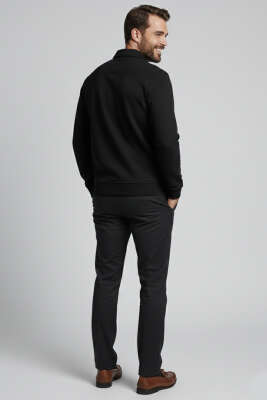 Yaka Detaylı Fermuarlı Erkek Sweatshirt Siyah - Erkek Sweatshirt