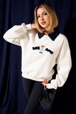 Yaka Detaylı Üç İplik Sweatshirt Ekru - Kadın Giyim Modelleri