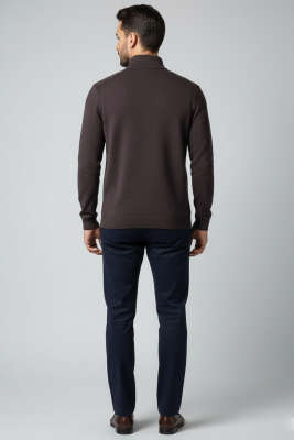 Yaka Detaylı Yarım Fermuar Selanik Erkek Sweatshirt Acı Kahve - Erkek Sweatshirt