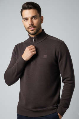 Yaka Detaylı Yarım Fermuar Selanik Erkek Sweatshirt Acı Kahve - BESSE