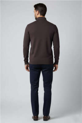 Yaka Detaylı Yarım Fermuar Selanik Erkek Sweatshirt Acı Kahve - Erkek Sweatshirt