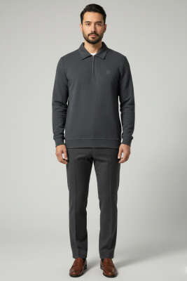 Yaka Detaylı Yarım Fermuar Selanik Erkek Sweatshirt Füme - Erkek Sweatshirt