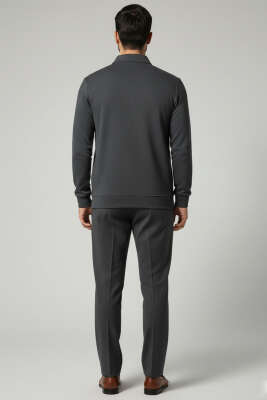 Yaka Detaylı Yarım Fermuar Selanik Erkek Sweatshirt Füme - Erkek Sweatshirt