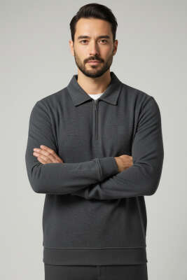 Yaka Detaylı Yarım Fermuar Selanik Erkek Sweatshirt Füme - BESSE