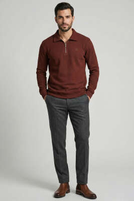 Yaka Detaylı Yarım Fermuar Selanik Erkek Sweatshirt Kiremit - Erkek Sweatshirt