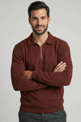 Yaka Detaylı Yarım Fermuar Selanik Erkek Sweatshirt Kiremit - BESSE