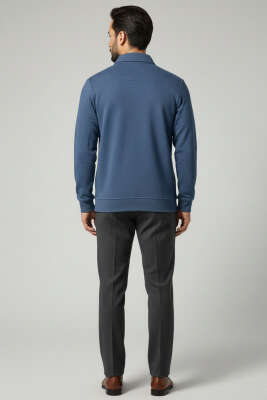Yaka Detaylı Yarım Fermuar Selanik Erkek Sweatshirt Mavi - Erkek Sweatshirt