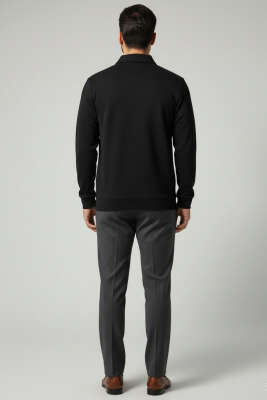 Yaka Detaylı Yarım Fermuar Selanik Erkek Sweatshirt Siyah - Erkek Sweatshirt