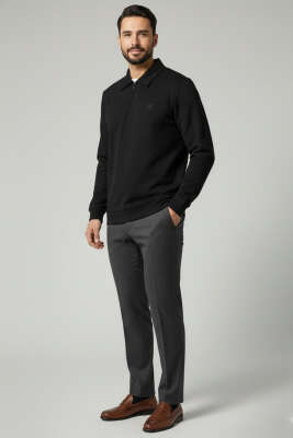 Yaka Detaylı Yarım Fermuar Selanik Erkek Sweatshirt Siyah - Erkek Sweatshirt