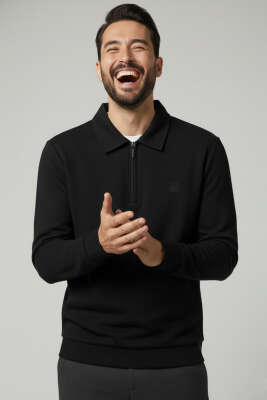 Yaka Detaylı Yarım Fermuar Selanik Erkek Sweatshirt Siyah - BESSE