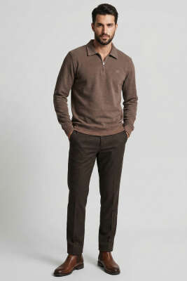 Yaka Detaylı Yarım Fermuar Selanik Erkek Sweatshirt Sütlü Kahve - Erkek Sweatshirt