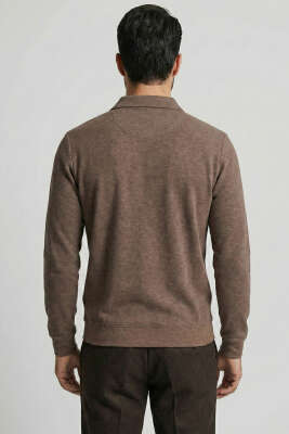 Yaka Detaylı Yarım Fermuar Selanik Erkek Sweatshirt Sütlü Kahve - Erkek Sweatshirt