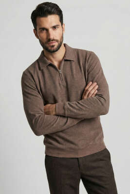 Yaka Detaylı Yarım Fermuar Selanik Erkek Sweatshirt Sütlü Kahve - BESSE