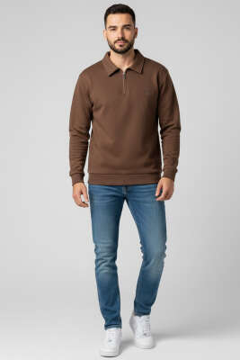 Yaka Detaylı Yarım Fermuar Selanik Erkek Sweatshirt Taba - Erkek Sweatshirt