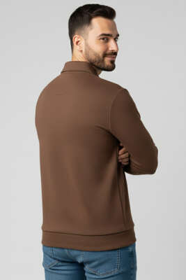 Yaka Detaylı Yarım Fermuar Selanik Erkek Sweatshirt Taba - Erkek Sweatshirt