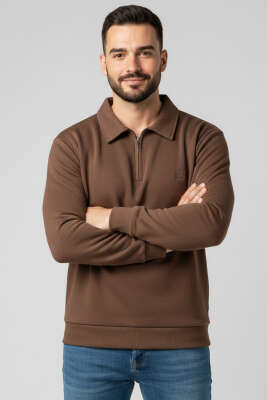 Yaka Detaylı Yarım Fermuar Selanik Erkek Sweatshirt Taba 