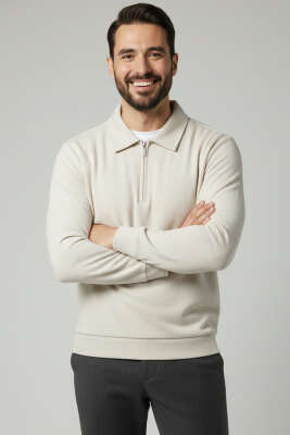 Yaka Detaylı Yarım Fermuar Selanik Erkek Sweatshirt Taş 