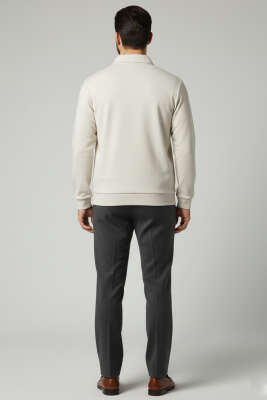 Yaka Detaylı Yarım Fermuar Selanik Erkek Sweatshirt Taş - Erkek Sweatshirt