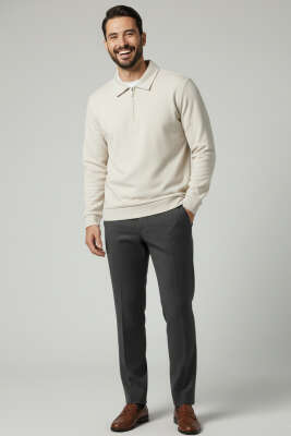 Yaka Detaylı Yarım Fermuar Selanik Erkek Sweatshirt Taş - Erkek Sweatshirt