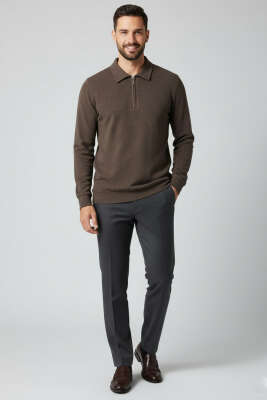 Yaka Detaylı Yarım Fermuar Selanik Erkek Sweatshirt Vizon - Erkek Sweatshirt